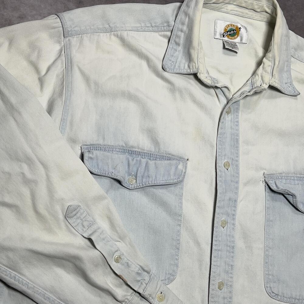 Vintage Field Gear Shirt Mens XL Blue White Colorblock Denim Hong Kong 90s